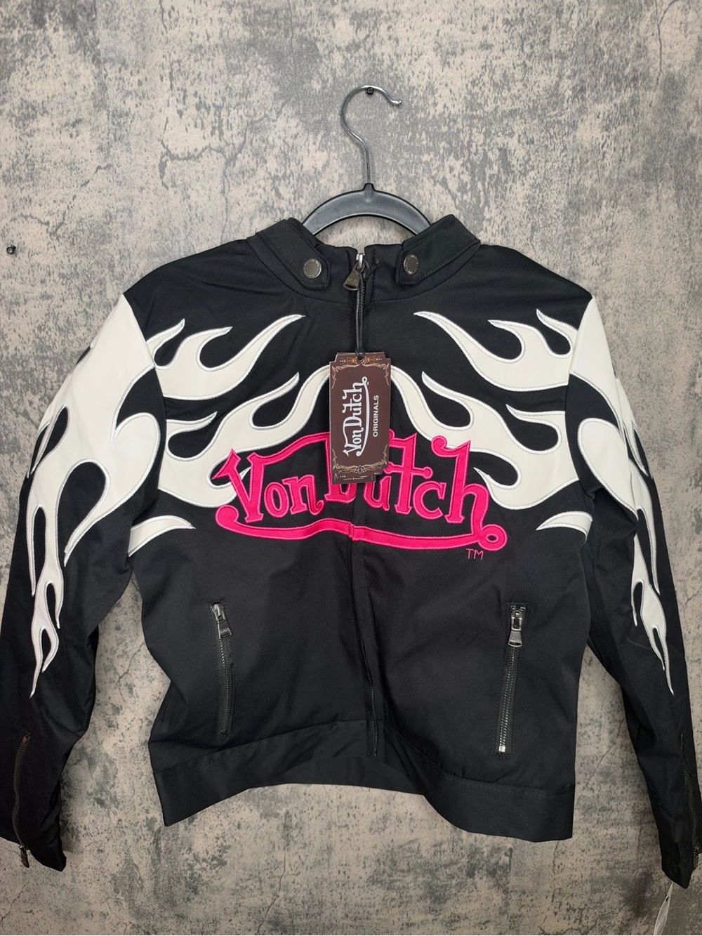 Von Dutch Black Jacket with White Flame Panels and Pink Logo